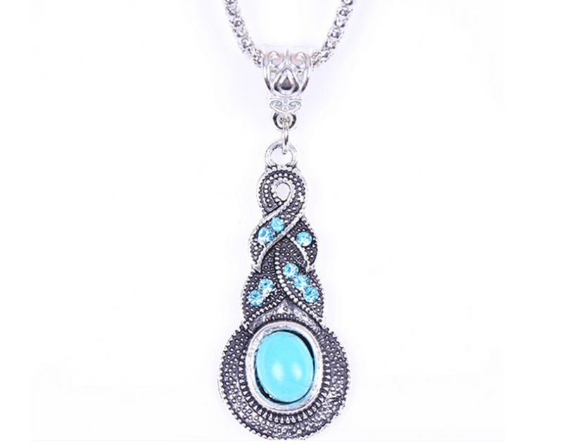 Blue teardrop pendant necklace with a turquoise-look stone, antique silver tone — VoxArcana