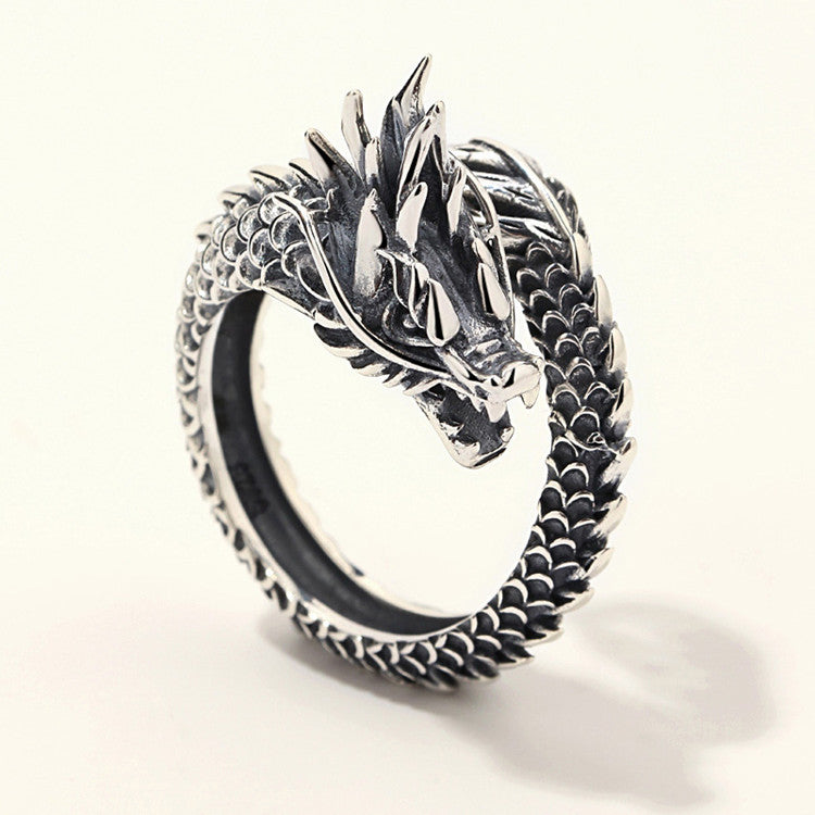 Dragon wrap ring, adjustable, antique silver tone — VoxArcana