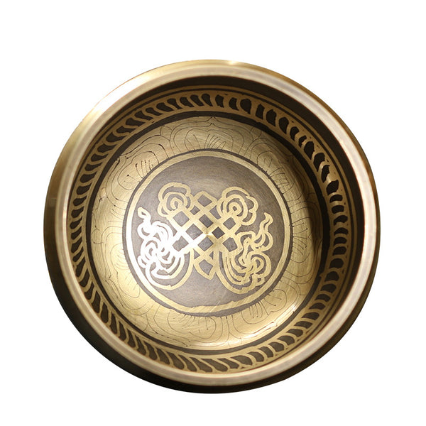 Engraved singing bowl, 8 cm, endless knot, with wooden striker — VoxArcana