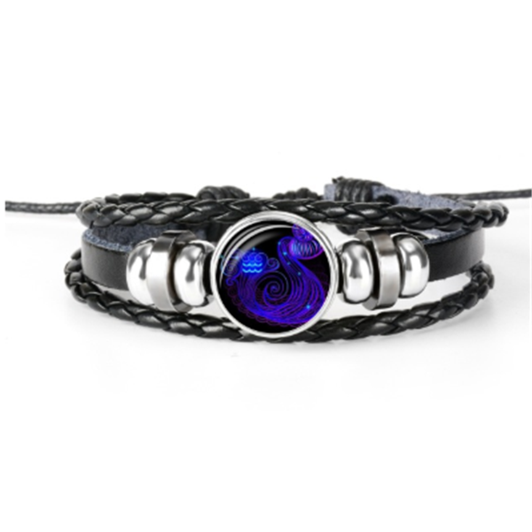 Aquarius zodiac braided bracelet, black faux leather with glass cabochon — VoxArcana