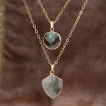 Double-chain necklace with grey round and shield stones, gold tone — VoxArcana