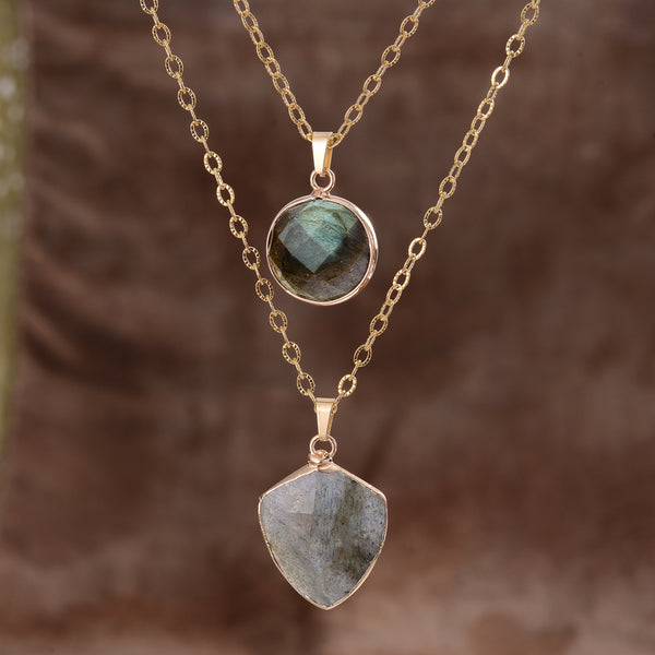 Double-chain necklace with grey round and shield stones, gold tone — VoxArcana