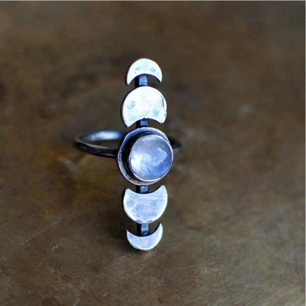 Moon phase ring with a moonstone-look cabochon, silver tone — VoxArcana