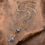 Double-chain necklace with grey round and shield stones, gold tone — VoxArcana