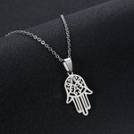 Hamsa hand pendant necklace, stainless steel, silver tone — VoxArcana