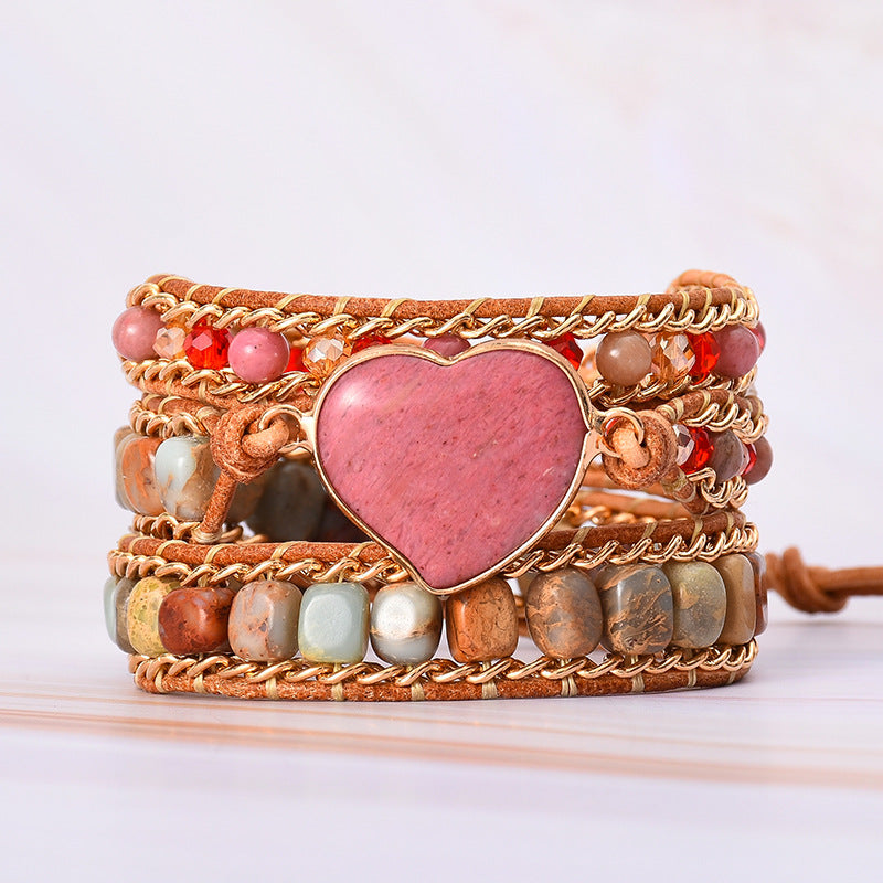 Pink heart multi-wrap bracelet with jasper-type and crystal beads — VoxArcana