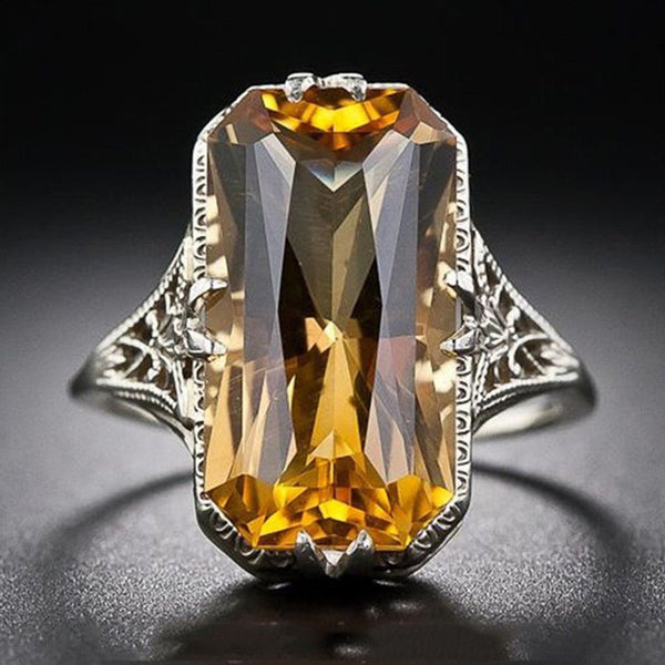 Large yellow faceted stone ring, filigree setting, silver tone — VoxArcana