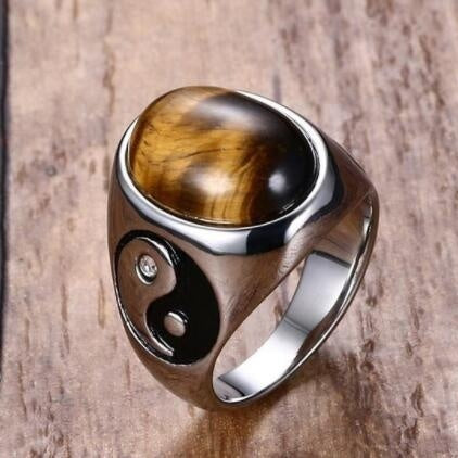 Oval tiger's eye signet ring with yin-yang shoulders, stainless steel — VoxArcana