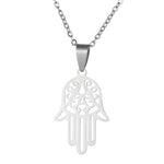 Hamsa hand pendant necklace, stainless steel, silver tone — VoxArcana