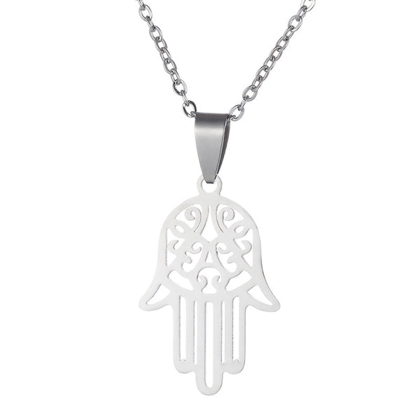 Hamsa hand pendant necklace, stainless steel, silver tone — VoxArcana