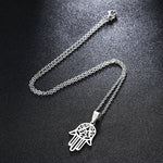 Hamsa hand pendant necklace, stainless steel, silver tone — VoxArcana