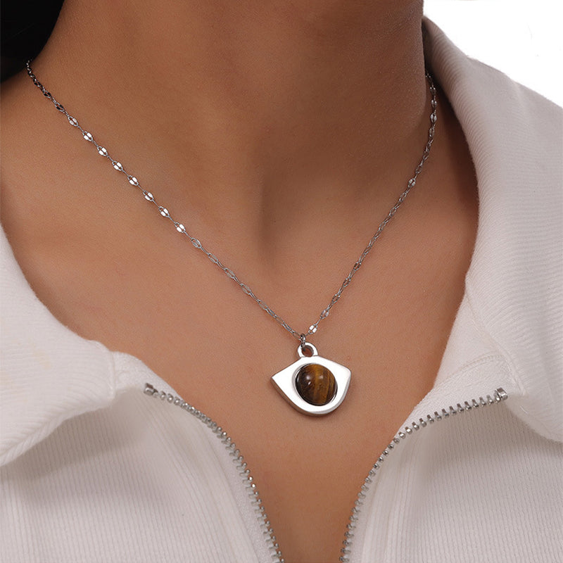 Eye-shaped pendant necklace with tiger's eye cabochon, silver tone — VoxArcana