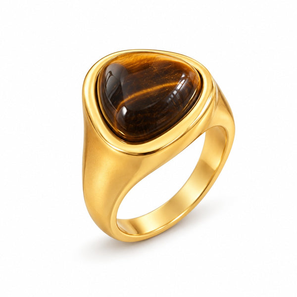 Tiger's eye signet ring, gold-tone titanium steel — VoxArcana